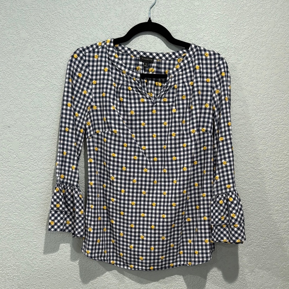 Women's Black and White Plaid Top with Yellow Flowers
